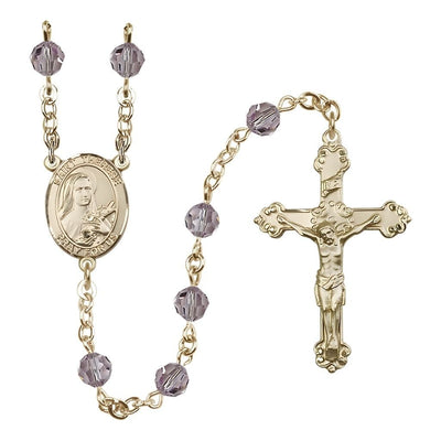 St. Therese of Lisieux 6mm Light Amethyst Austrian Crystal Birthstone 14kt Gold Rosary with Detailed Design Crucifix, Bliss Manufacturing