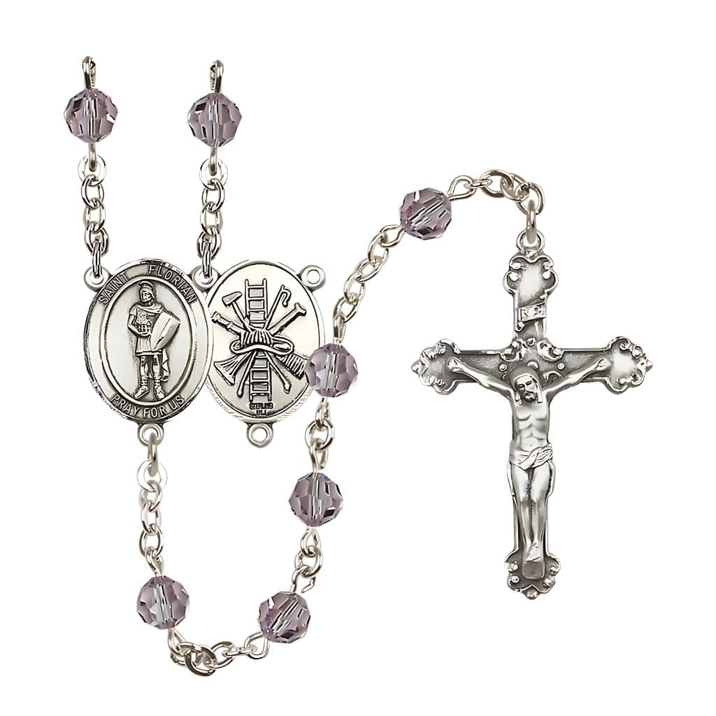 Bliss St Florian Firefighter Center Sterling Silver Crystal Light Amethyst June Birthstone Rosary,