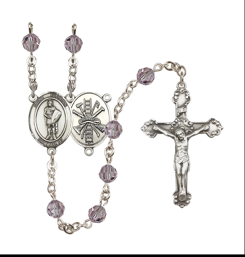 Bliss St Florian Firefighter Center Sterling Silver Crystal Light Amethyst June Birthstone Rosary,