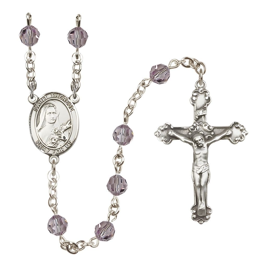 Bliss St. Therese of Lisieux 6mm Light Amethyst Austrian Crystal Birthstone Sterling Silver Rosary with a Detailed Swirl Design Crucifix