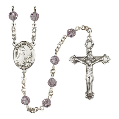St. Therese of Lisieux 6mm Light Amethyst Austrian Crystal Birthstone Sterling Silver Rosary with a Detailed Swirl Design Crucifix, Bliss Manufacturing