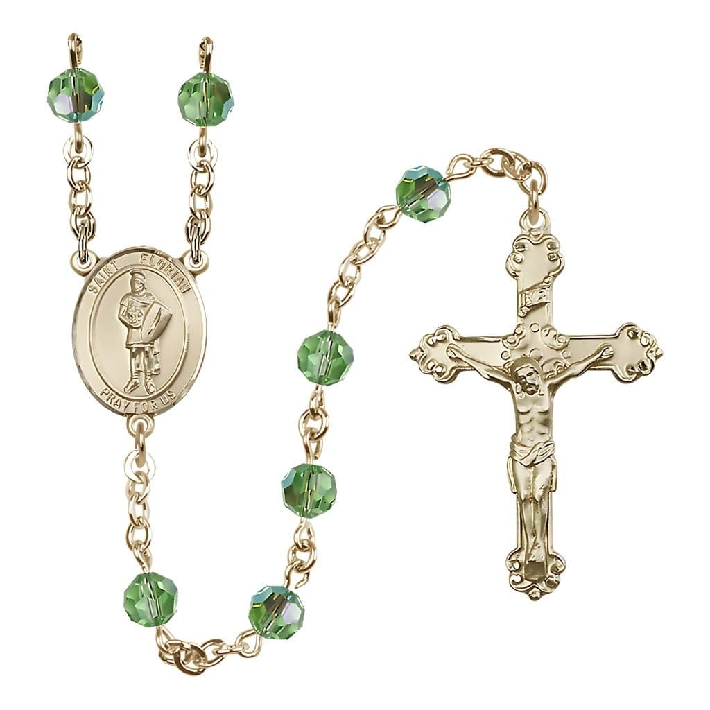 Bliss Gold-filled St. Florian Birthstone Rosary with Peridot 6mm Austrian Crystal Beads