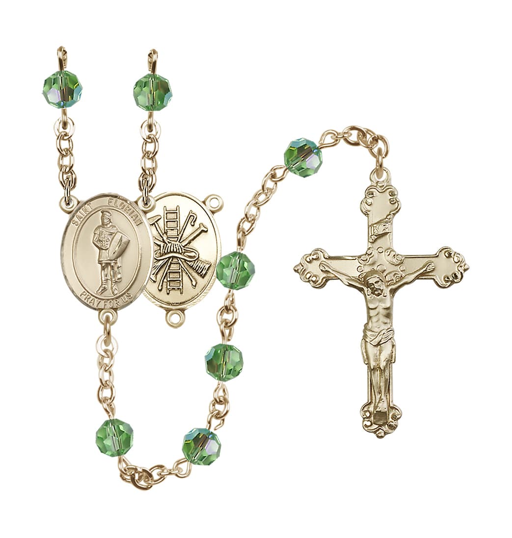 August Peridot Birthstone Bliss St Florian Firefighter 14kt Gold Crystal Rosary,