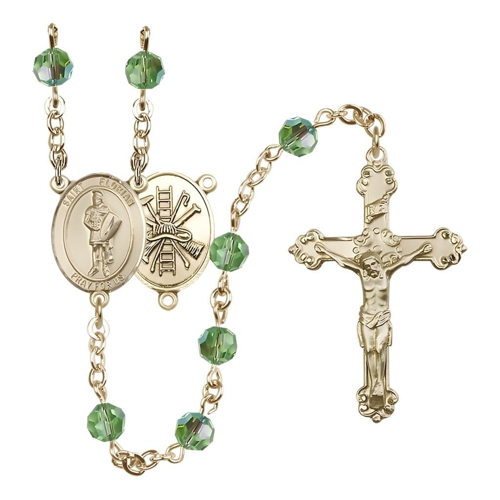 Bliss St. Florian with Fire Gear on Back 14kt Gold Peridot 6mm Round Austrian Crystal Birthstone Catholic Rosary