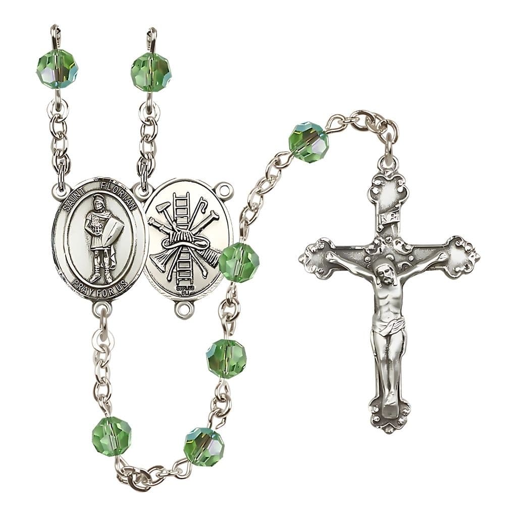 Bliss St Florian Firefighter Center Sterling Silver Crystal Peridot August Birthstone Rosary,