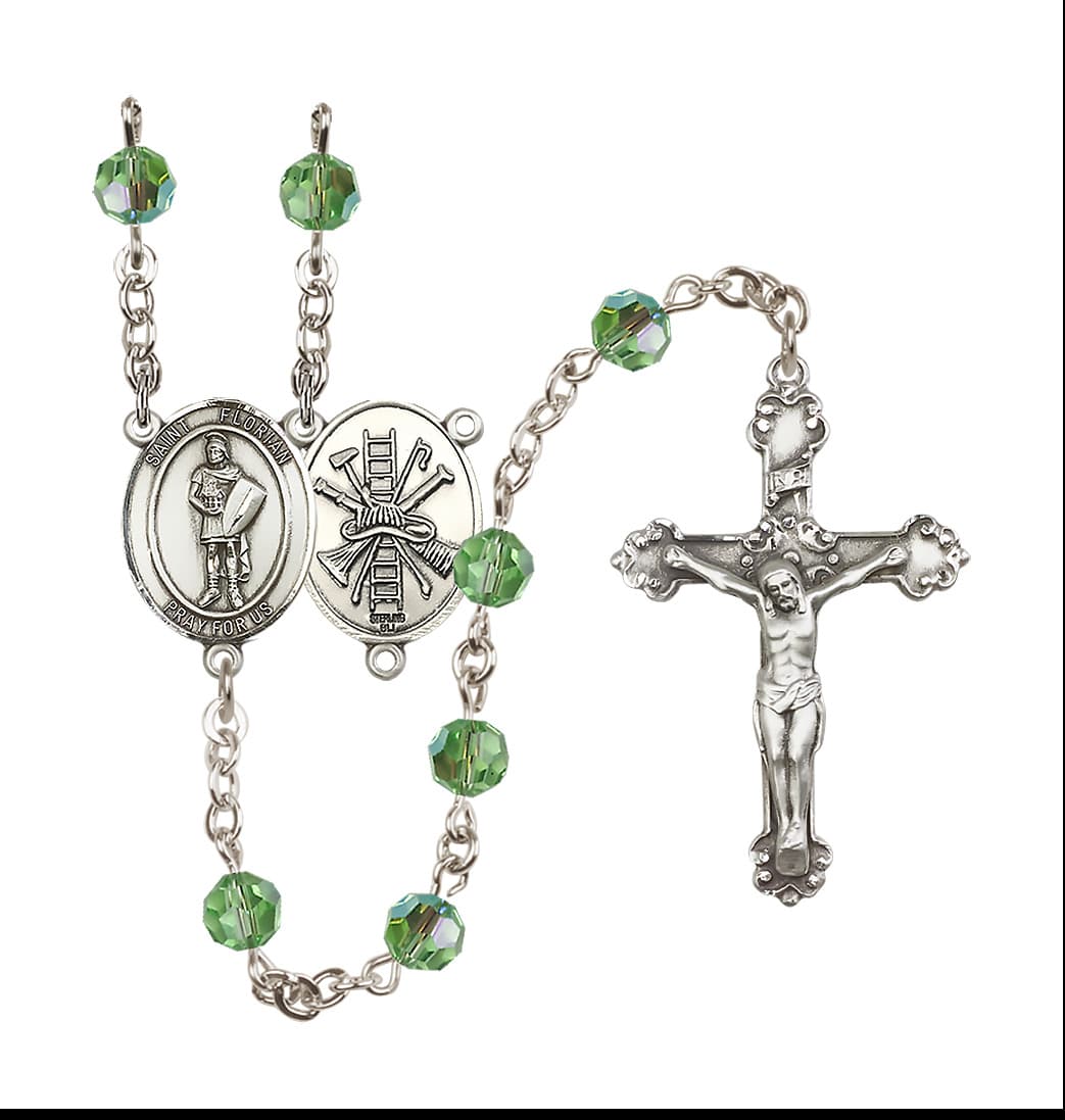 Bliss St Florian Firefighter Center Sterling Silver Crystal Peridot August Birthstone Rosary,