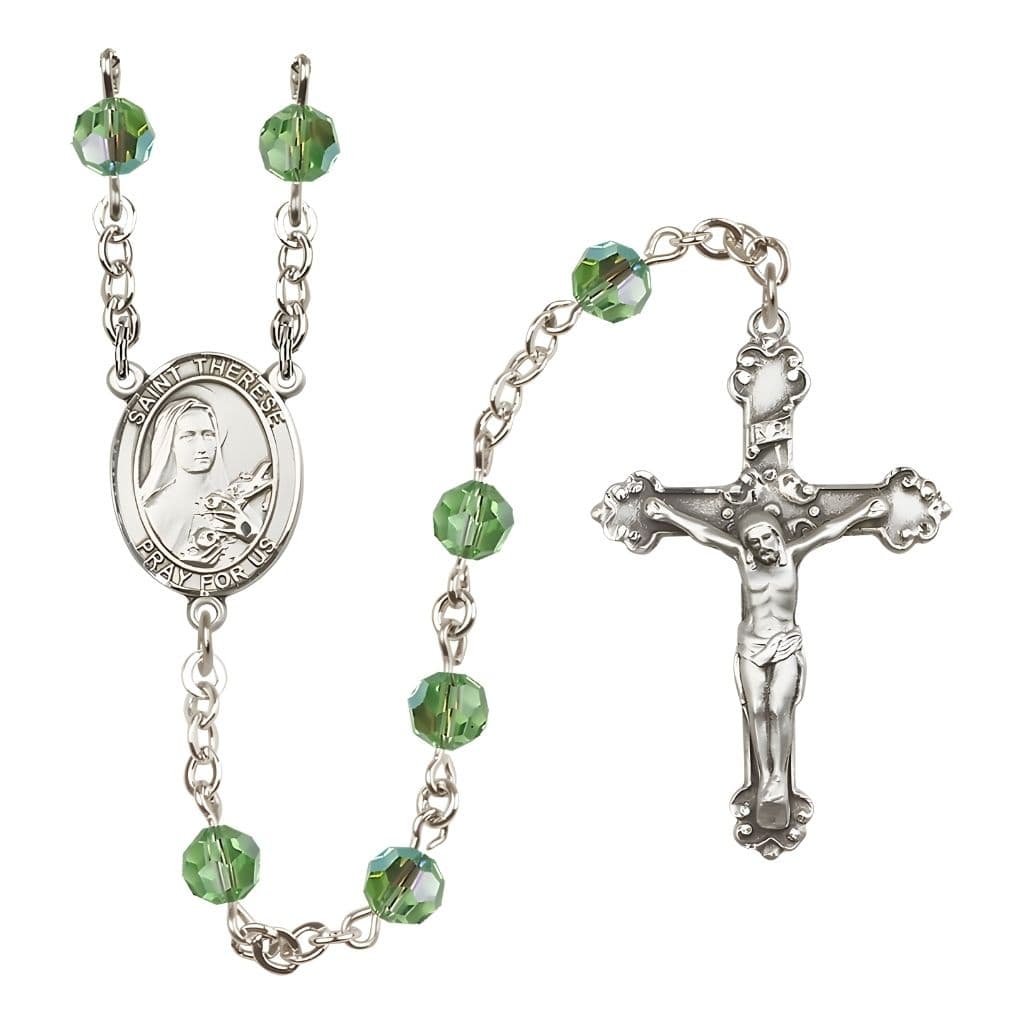 Bliss St. Therese of Lisieux 6mm Peridot Austrian Crystal Birthstone Sterling Silver Rosary with a Detailed Swirl Design Crucifix