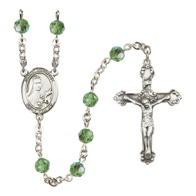 St. Therese of Lisieux 6mm Peridot Austrian Crystal Birthstone Sterling Silver Rosary with a Detailed Swirl Design Crucifix, Bliss Manufacturing