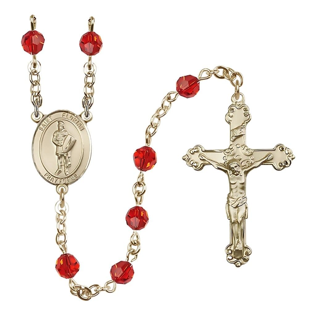 Bliss Gold-filled St. Florian Birthstone Rosary with Ruby 6mm Austrian Crystal Beads