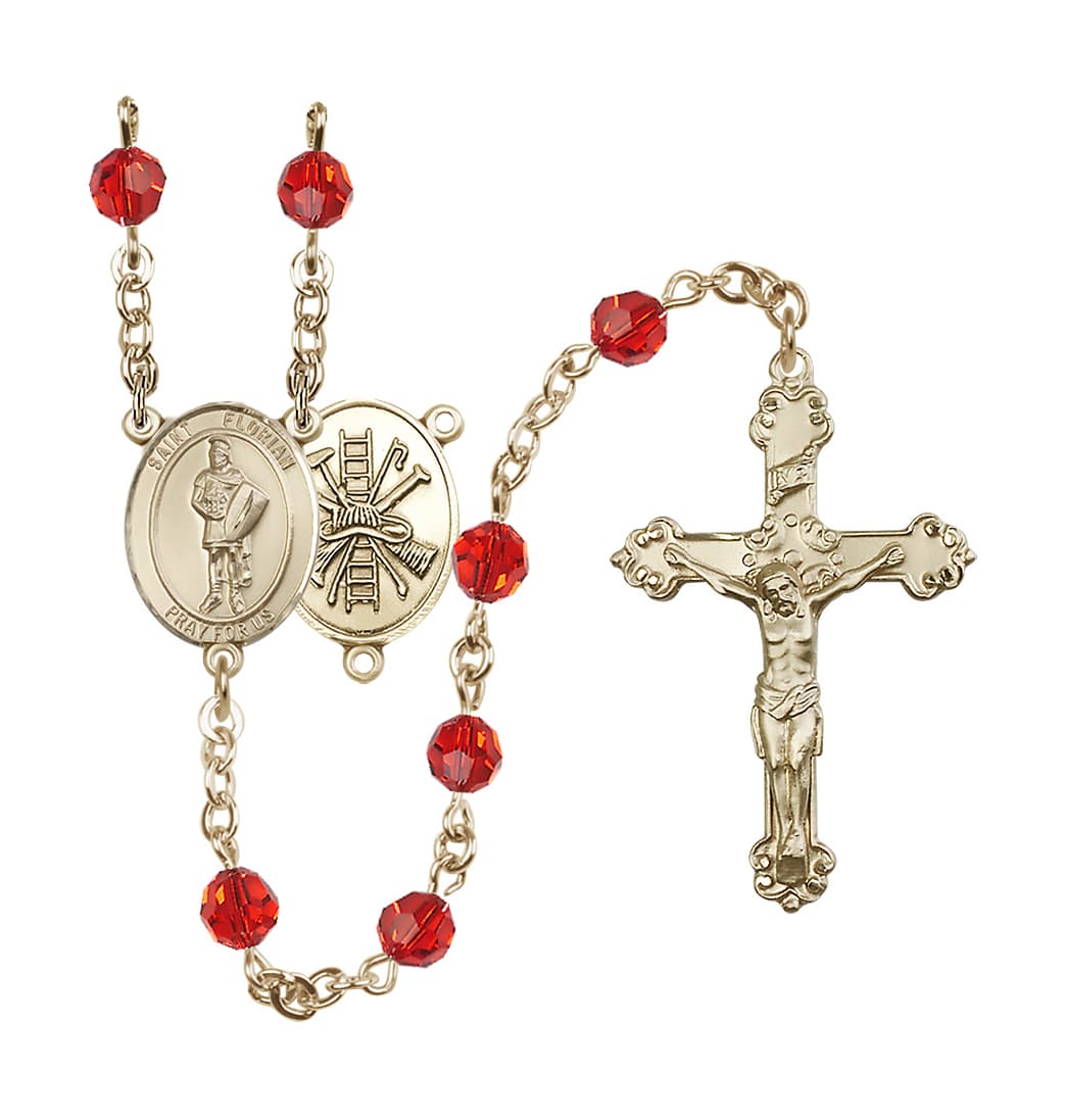 Bliss St Florian Firefighter Center Gold-filled Crystal Ruby July Birthstone Rosary,