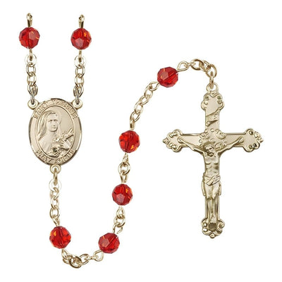 St. Therese of Lisieux Birthstone Gold-filled 6mm Ruby Austrian Crystal Bead Catholic Rosary, Bliss Manufacturing