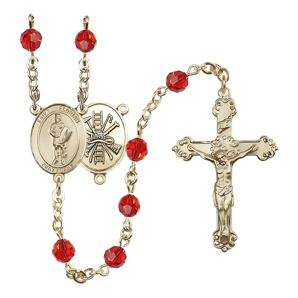 Bliss St. Florian with Fire Gear on Back 14kt Gold Ruby 6mm Round Austrian Crystal Birthstone Catholic Rosary