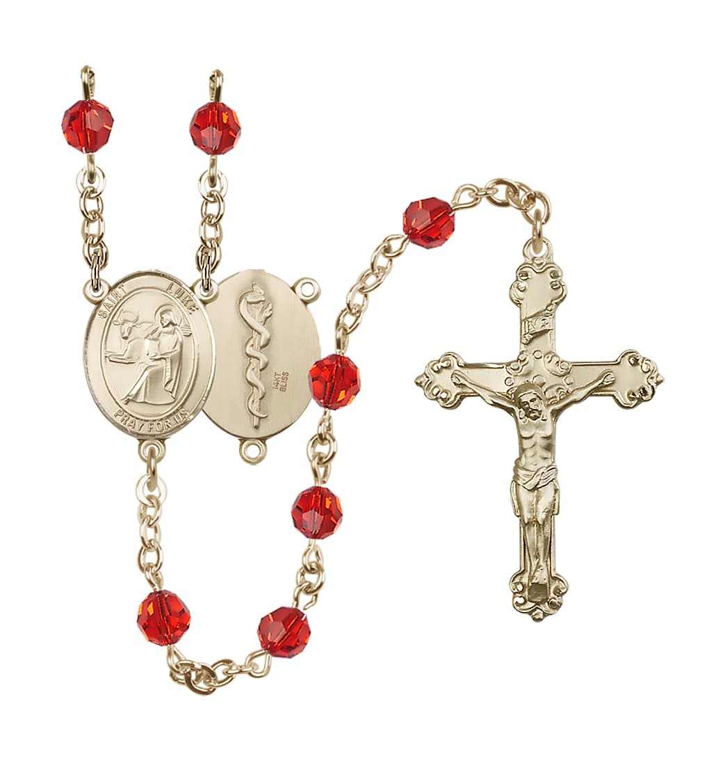 Bliss St Luke the Apostle Doctor 14kt Gold Crystal Ornate July Ruby Rosary,