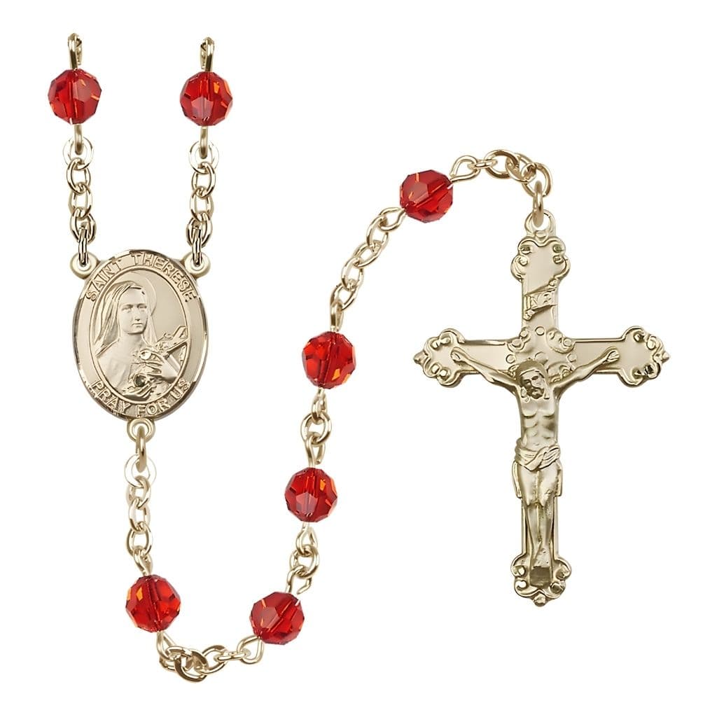 Bliss St. Therese of Lisieux 6mm Ruby Austrian Crystal Birthstone 14kt Gold Rosary with Detailed Design Crucifix