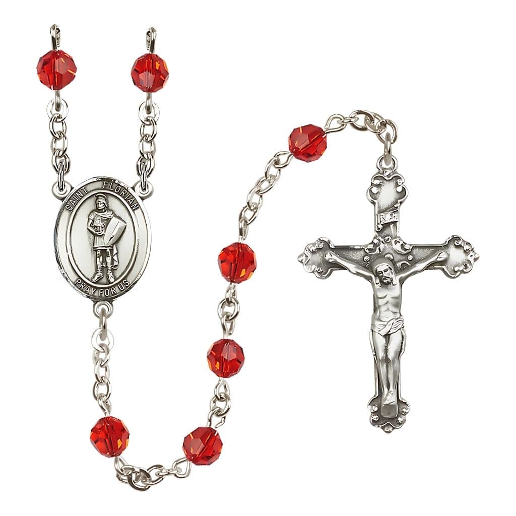 Bliss St Florian Sterling Silver 6mm Round Austrian Crystal Rosary in Ruby July Birthstone,