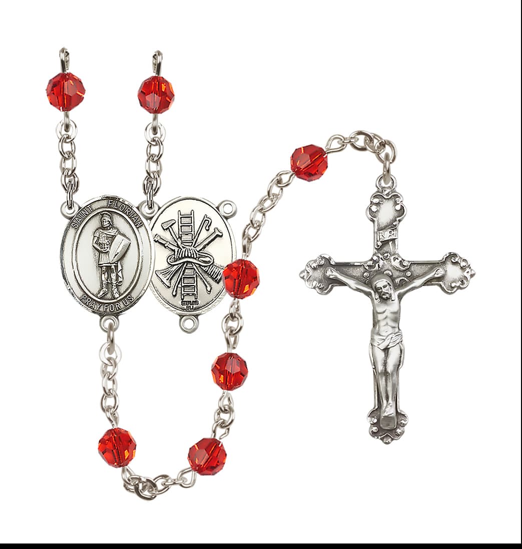 Bliss St Florian Firefighter Center Sterling Silver Crystal Ruby July Birthstone Rosary,