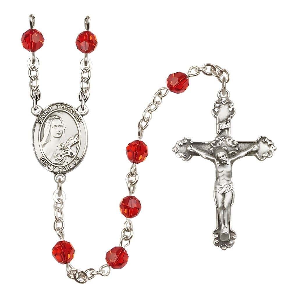 Bliss St. Therese of Lisieux 6mm Ruby Austrian Crystal Birthstone Sterling Silver Rosary with a Detailed Swirl Design Crucifix