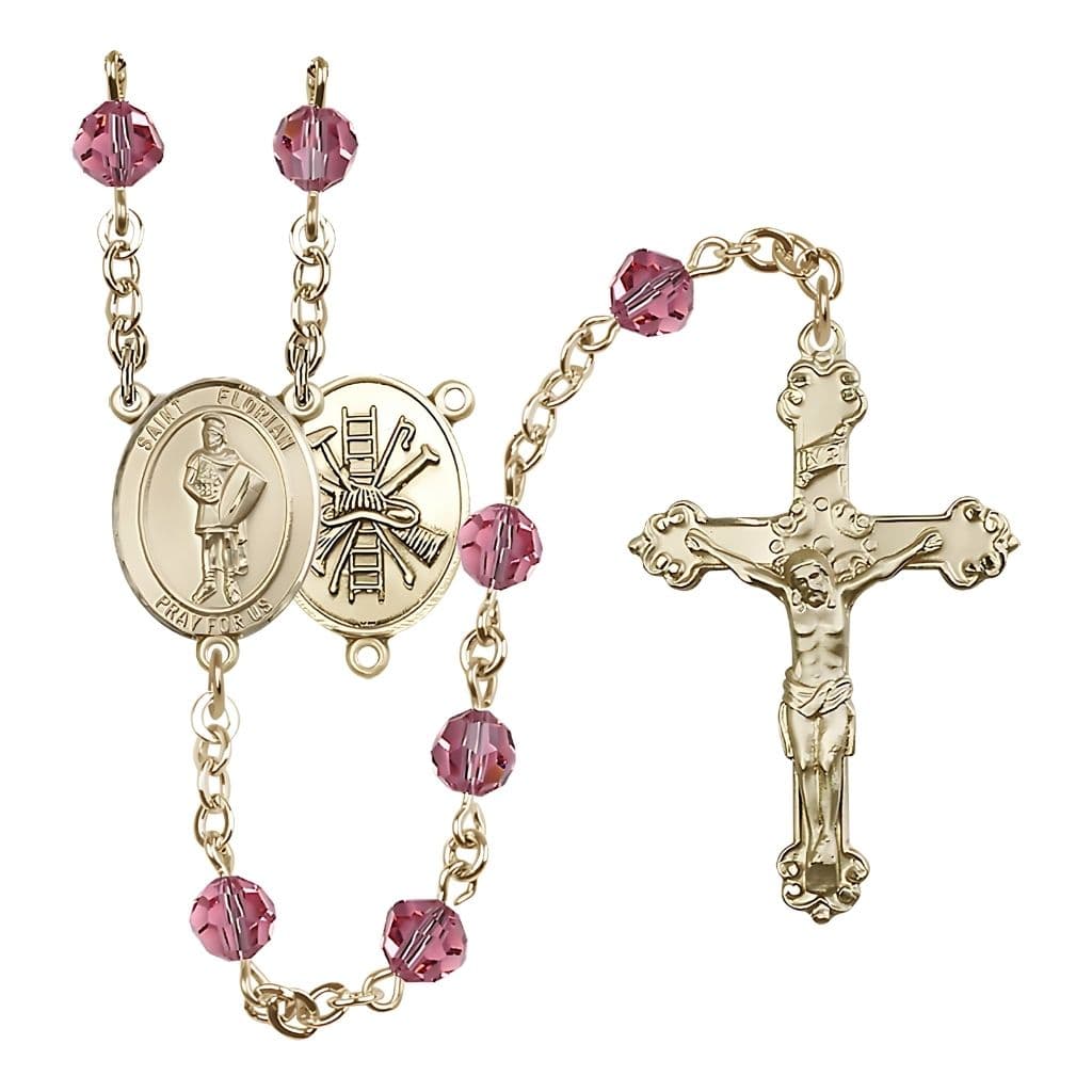Bliss Gold-filled St. Florian Firefighter Gear Birthstone Rosary with Rose 6mm Austrian Crystal Beads