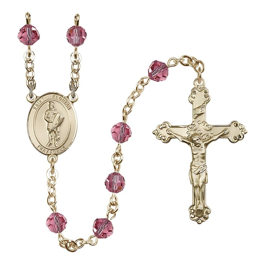 Bliss 14kt Gold St. Florian Birthstone Rosary with Rose 6mm Austrian Crystal Beads