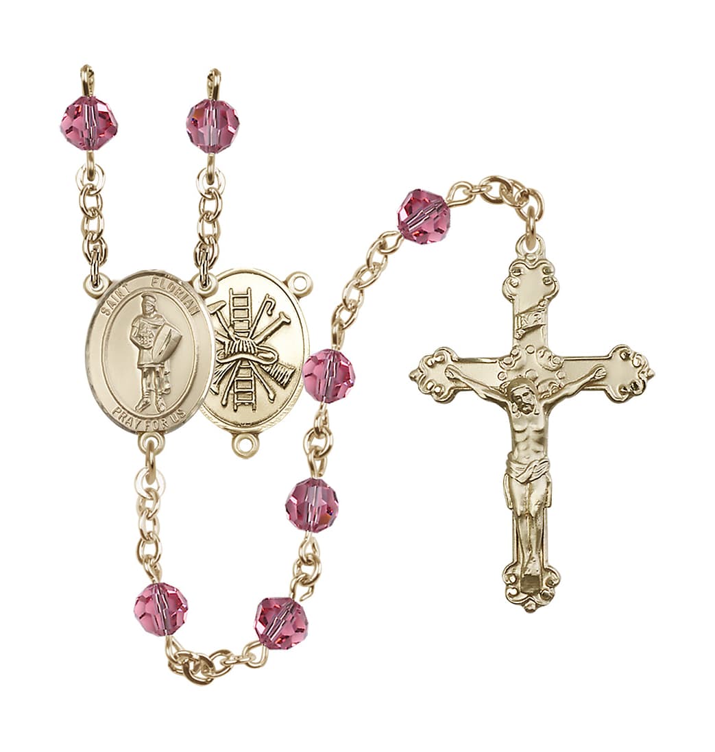 Bliss St Florian Firefighter Center Gold-filled Crystal Rose October Birthstone Rosary,