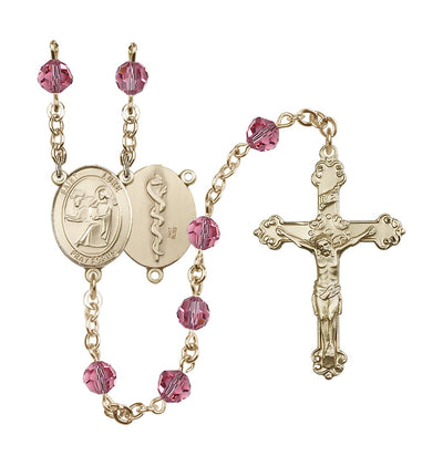St Luke the Apostle Doctor 14kt Gold Crystal Ornate Oct Rose Rosary, Bliss Manufacturing