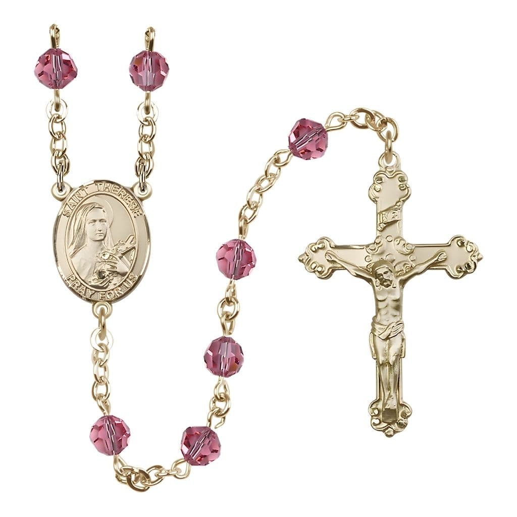 Bliss St. Therese of Lisieux 6mm Rose Austrian Crystal Birthstone 14kt Gold Rosary with Detailed Design Crucifix