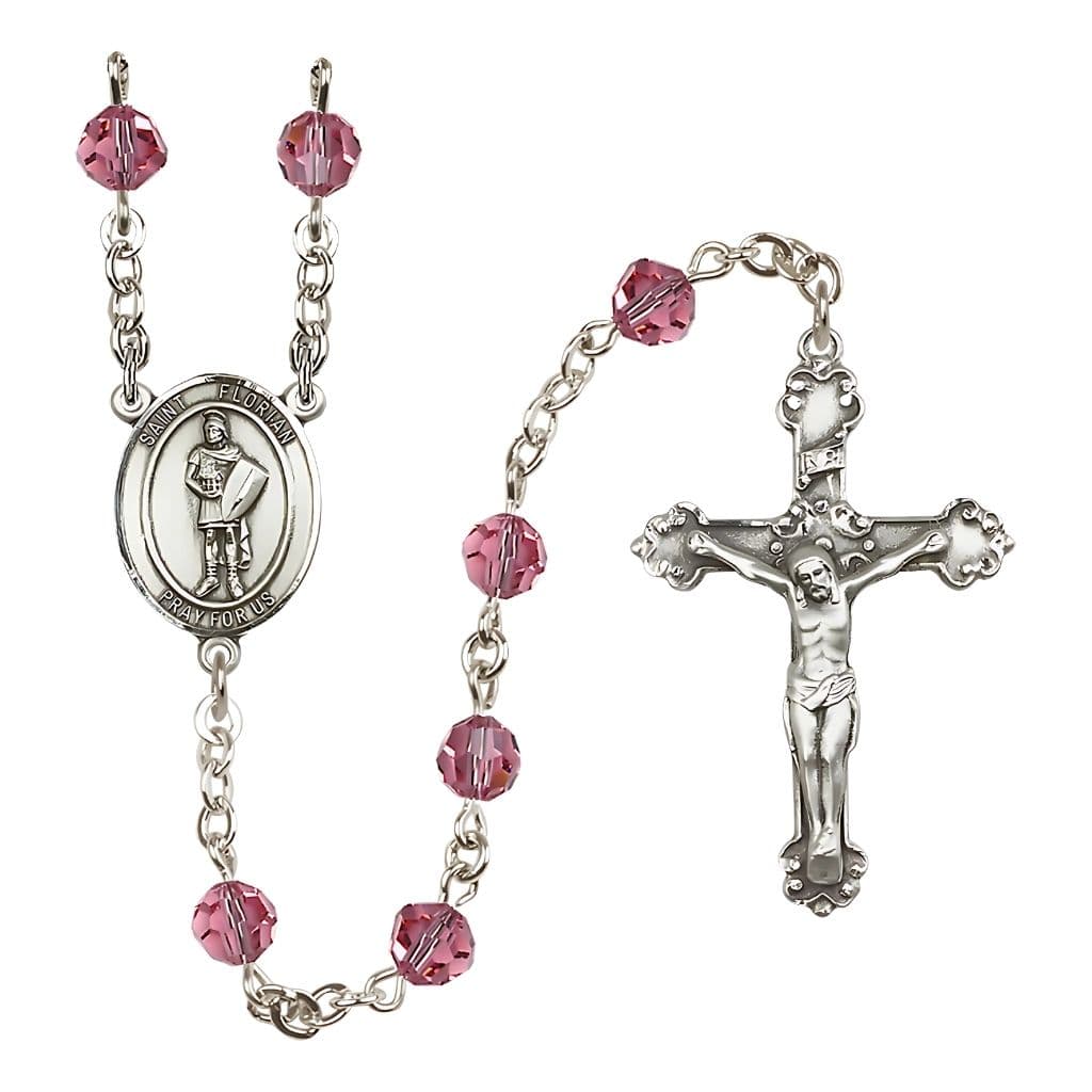 Bliss St Florian Sterling Silver 6mm Round Austrian Crystal Rosary in Rose October Birthstone,