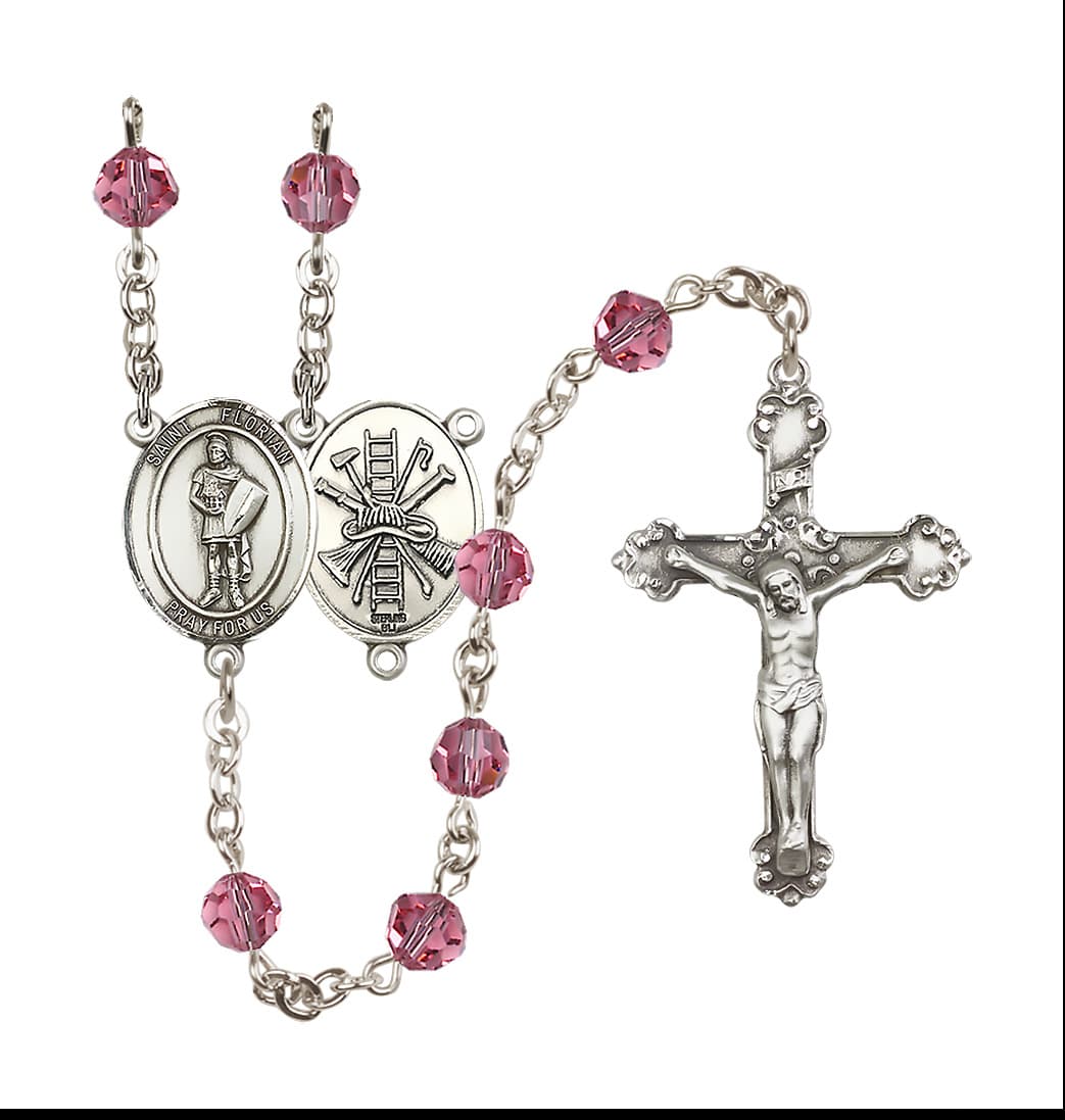 Bliss St Florian Firefighter Center Sterling Silver Crystal Rose October Birthstone Rosary,