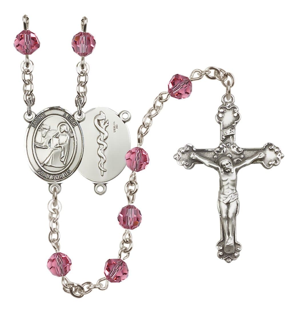 Bliss St Luke the Apostle Doctor Sterling Silver Rose/Oct Crystal Rosary,