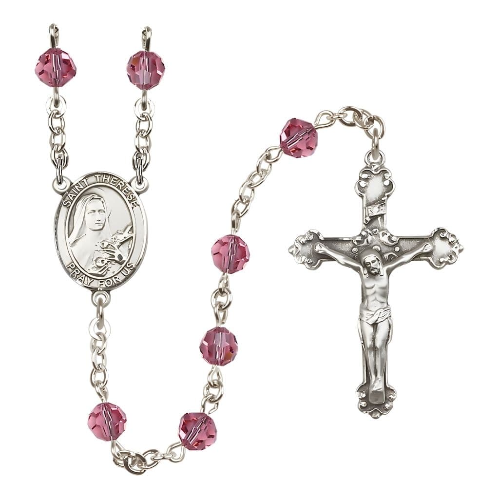 Bliss St. Therese of Lisieux 6mm Rose Austrian Crystal Birthstone Sterling Silver Rosary with a Detailed Swirl Design Crucifix