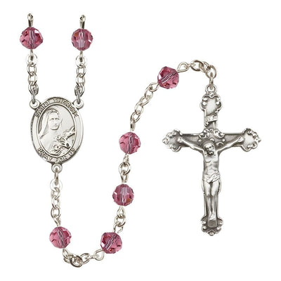 St. Therese of Lisieux 6mm Rose Austrian Crystal Birthstone Sterling Silver Rosary with a Detailed Swirl Design Crucifix, Bliss Manufacturing