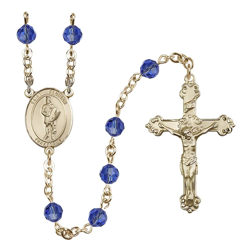 Bliss Gold-filled St. Florian Birthstone Rosary with Sapphire 6mm Austrian Crystal Beads
