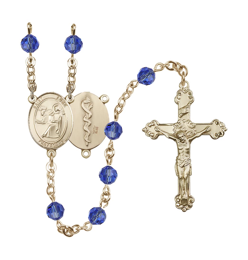 Bliss St Luke the Apostle Doctor Gold-filled Sapphire Crystal Ornate Rosary,