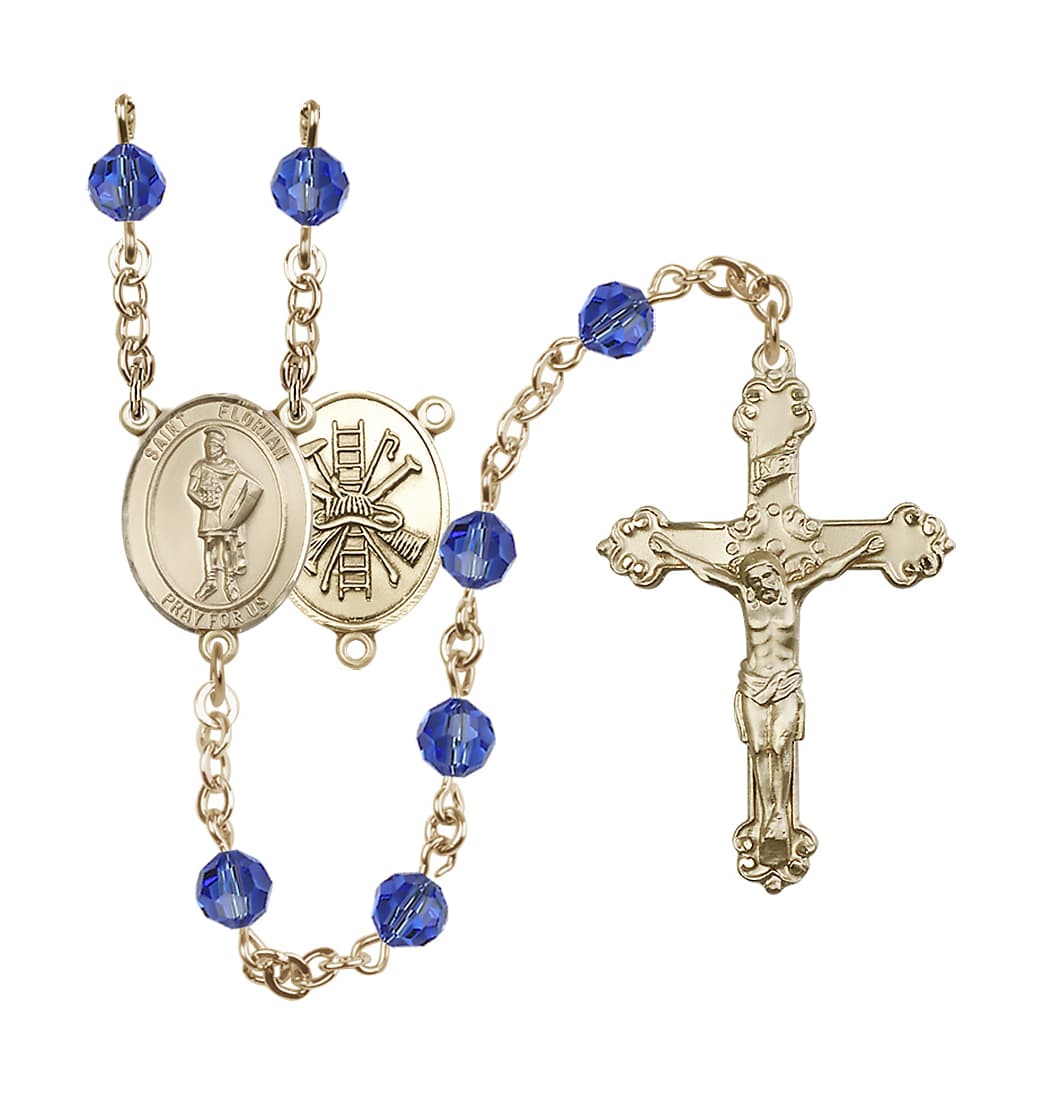 September Sapphire Birthstone Bliss St Florian Firefighter 14kt Gold Crystal Rosary,