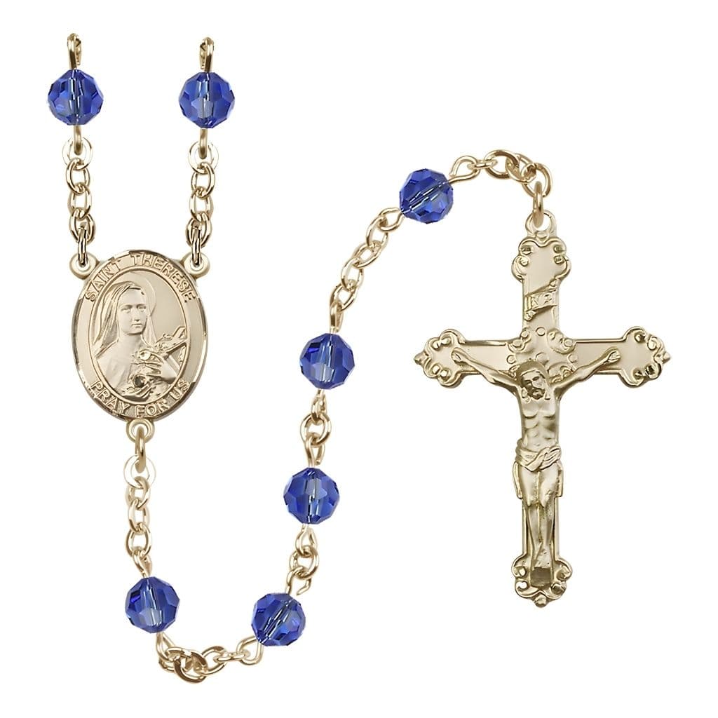 Bliss St. Therese of Lisieux 6mm Sapphire Austrian Crystal Birthstone 14kt Gold Rosary with Detailed Design Crucifix