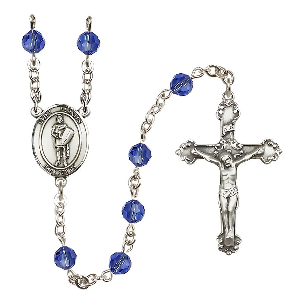 Bliss St Florian Sterling Silver 6mm Round Austrian Crystal Rosary in Sapphire September Birthstone,