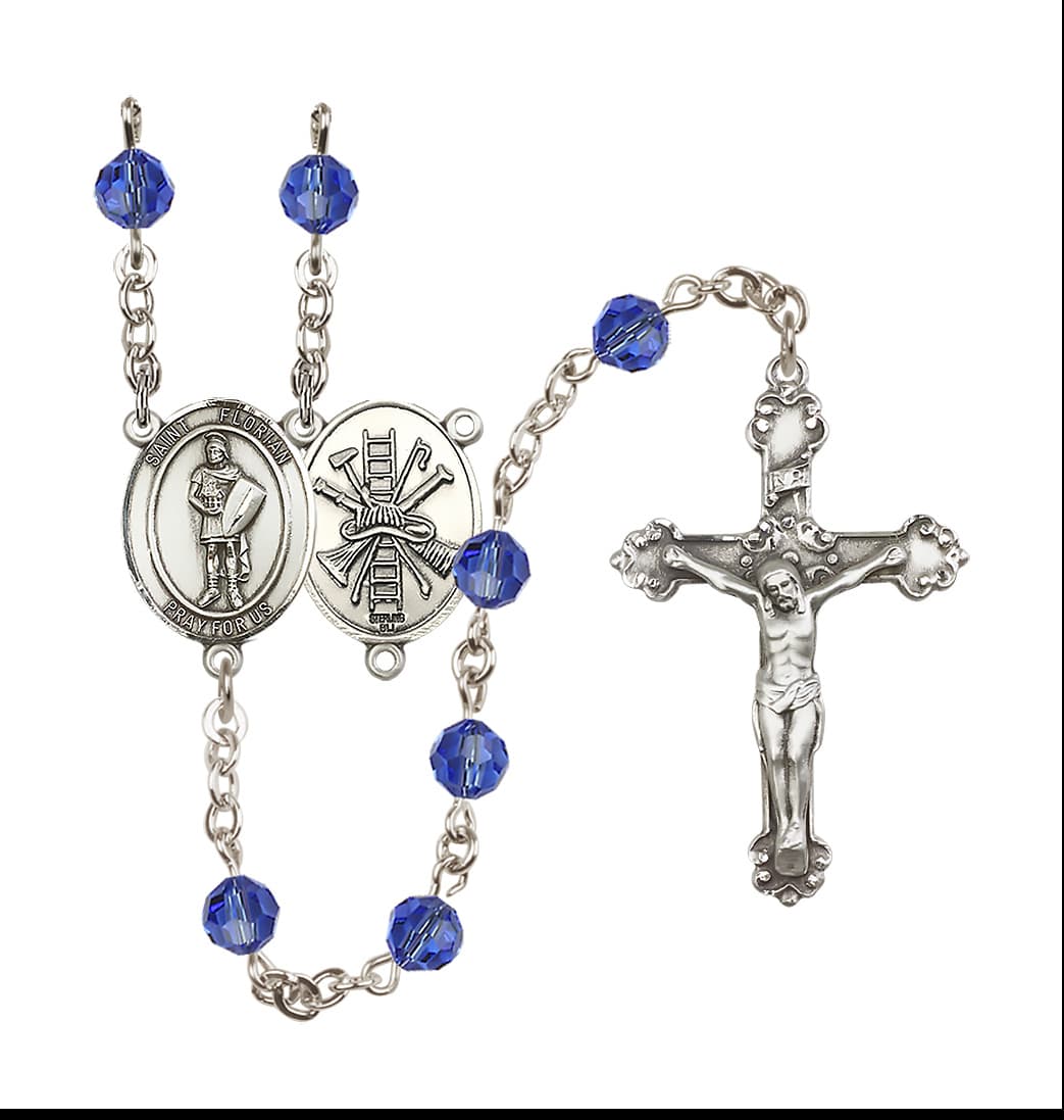 Bliss St Florian Firefighter Center Sterling Silver Crystal Sapphire September Birthstone Rosary,