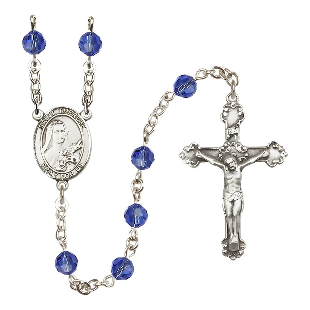 Bliss St. Therese of Lisieux 6mm Sapphire Austrian Crystal Birthstone Sterling Silver Rosary with a Detailed Swirl Design Crucifix
