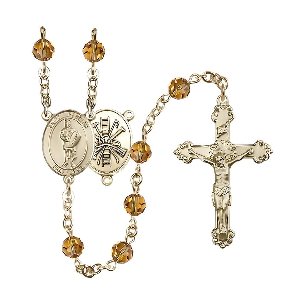 Bliss Gold-filled St. Florian Firefighter Gear Birthstone Rosary with Topaz 6mm Austrian Crystal Beads