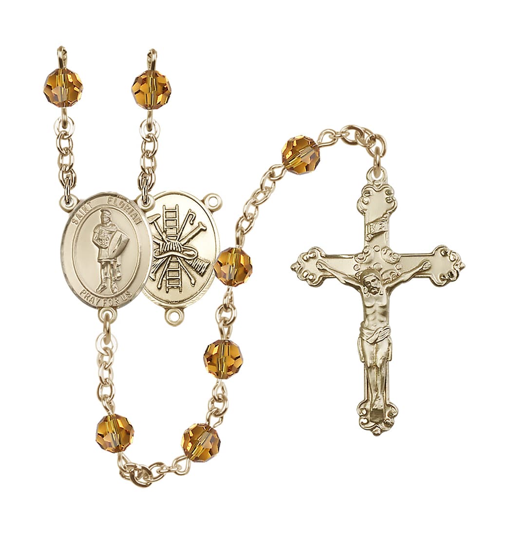 Bliss St Florian Firefighter Center Gold-filled Crystal Topaz November Birthstone Rosary,