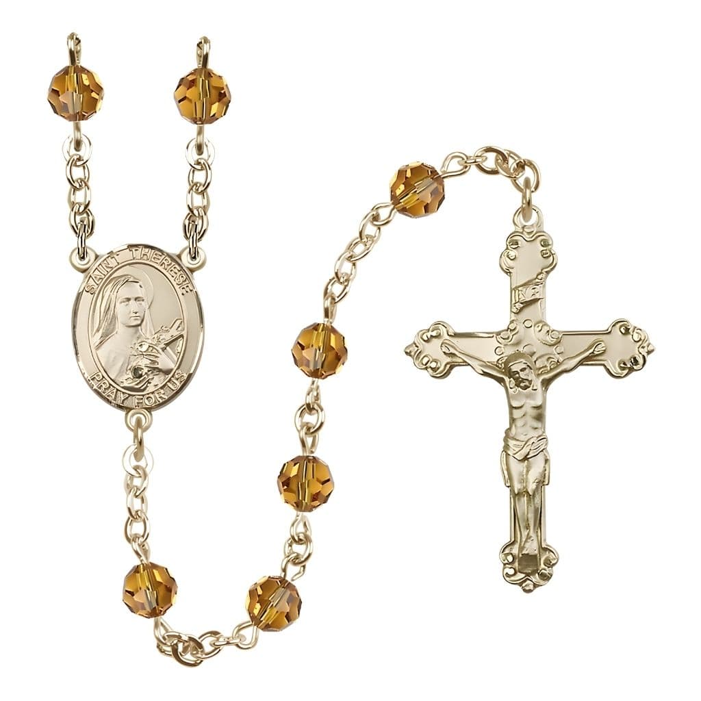 Bliss St. Therese of Lisieux 6mm Topaz Austrian Crystal Birthstone 14kt Gold Rosary with Detailed Design Crucifix