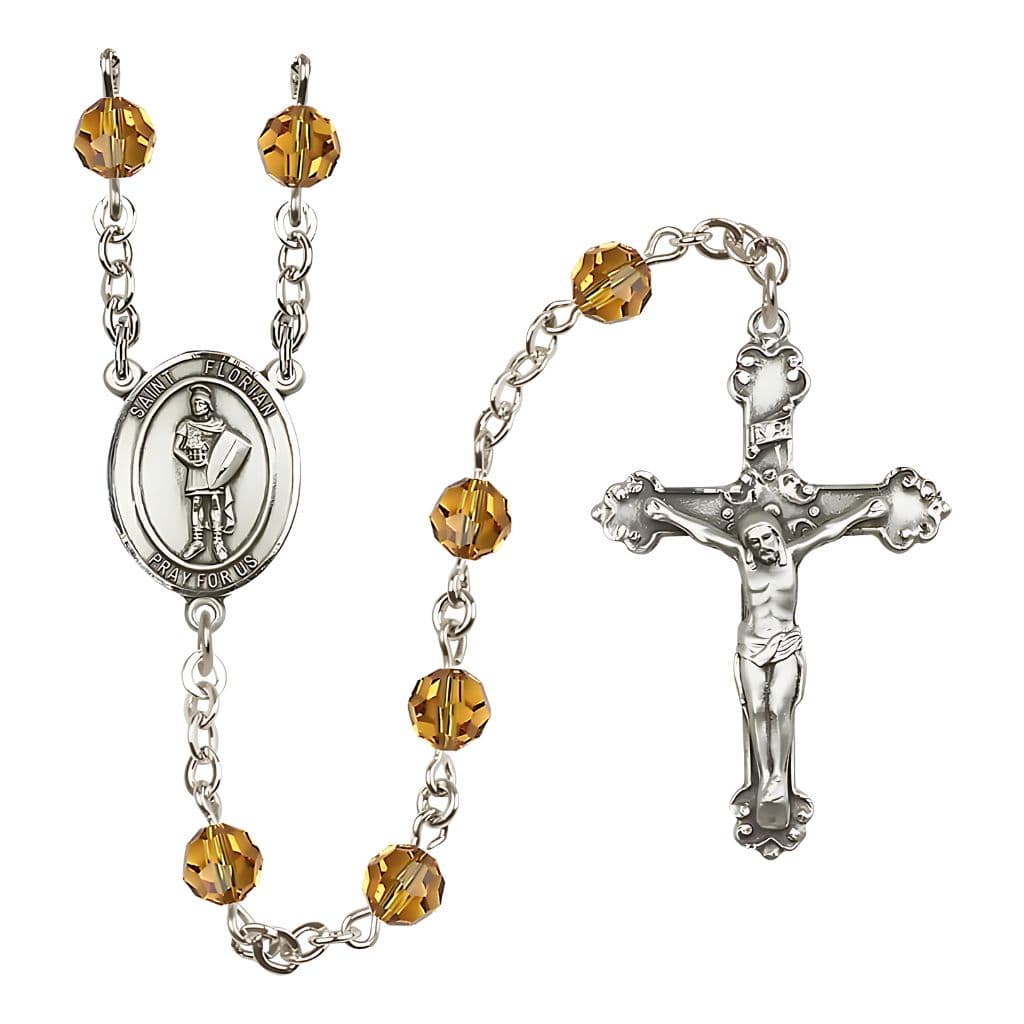Bliss St Florian Sterling Silver 6mm Round Austrian Crystal Rosary in Topaz November Birthstone,