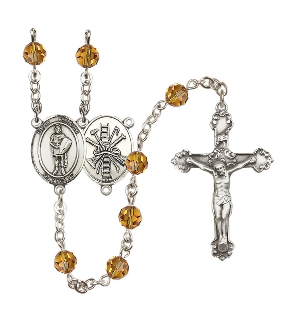 Bliss St Florian Firefighter Center Sterling Silver Crystal Topaz November Birthstone Rosary,