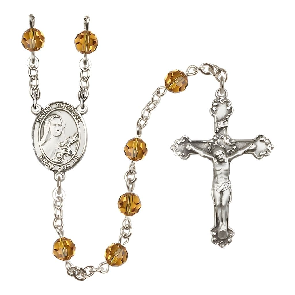 Bliss St. Therese of Lisieux 6mm Topaz Austrian Crystal Birthstone Sterling Silver Rosary with a Detailed Swirl Design Crucifix