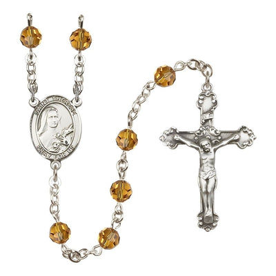 St. Therese of Lisieux 6mm Topaz Austrian Crystal Birthstone Sterling Silver Rosary with a Detailed Swirl Design Crucifix, Bliss Manufacturing