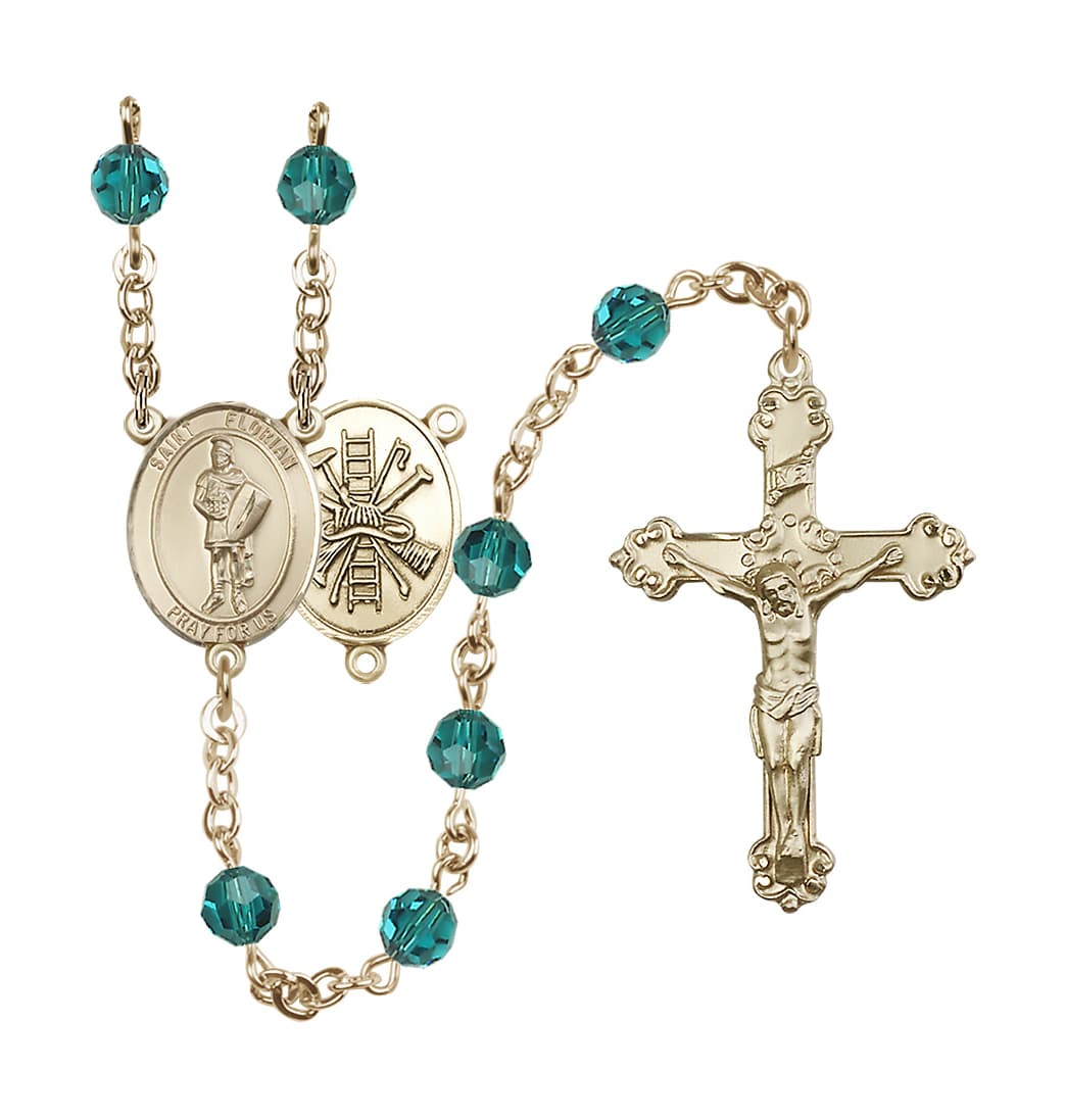 Bliss St Florian Firefighter Center Gold-filled Crystal Zircon December Birthstone Rosary,