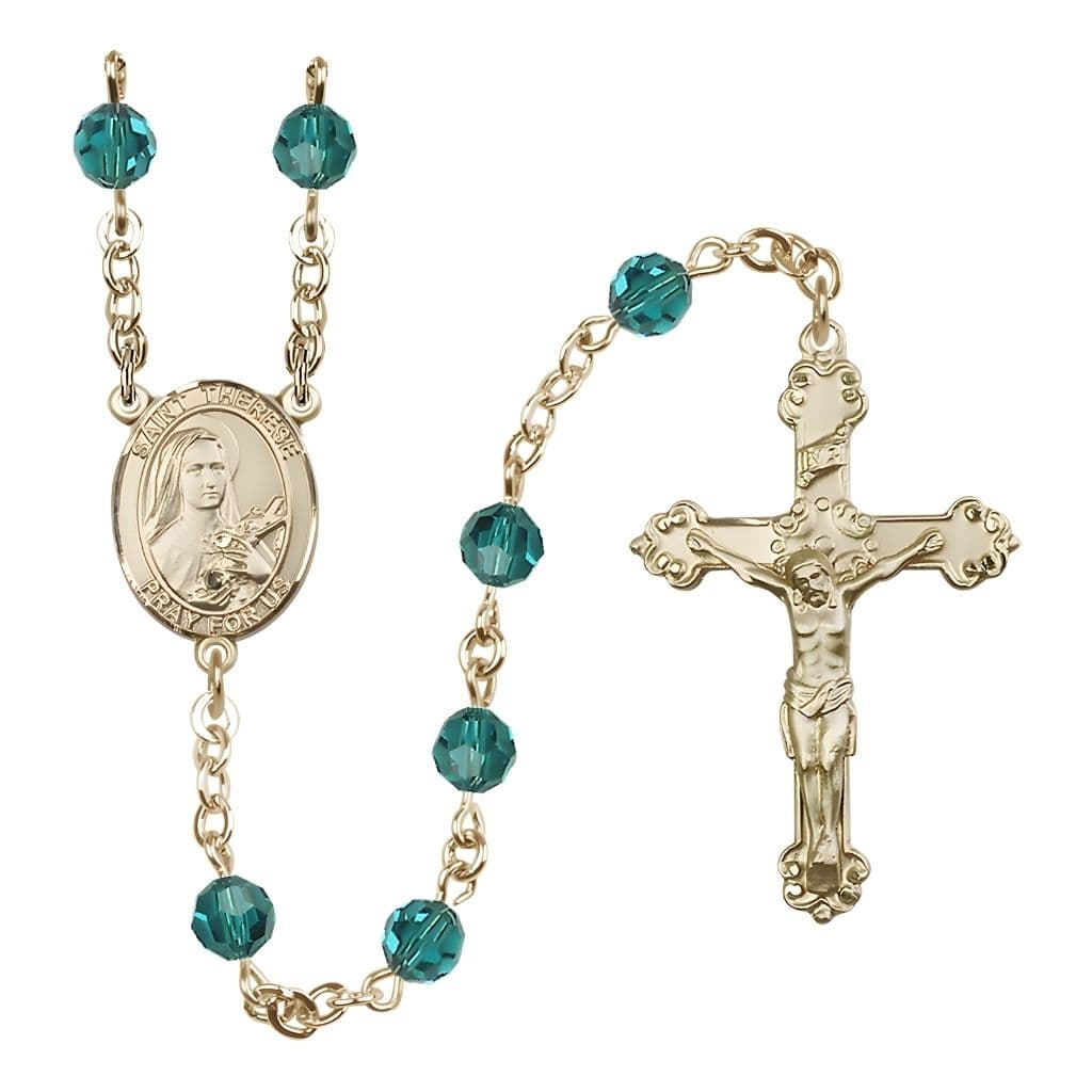 Bliss St. Therese of Lisieux 6mm Zircon Austrian Crystal Birthstone 14kt Gold Rosary with Detailed Design Crucifix