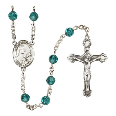 St. Therese of Lisieux 6mm Zircon Austrian Crystal Birthstone Sterling Silver Rosary with a Detailed Swirl Design Crucifix, Bliss Manufacturing