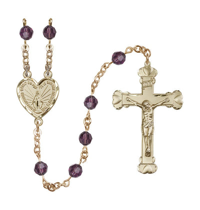 Handmade 14kt Gold Rosary with Miraculous Heart Centerpiece, Heart Crucifix and Amethyst 6mm Round Austrian Crystal beads, Bliss Manufacturing