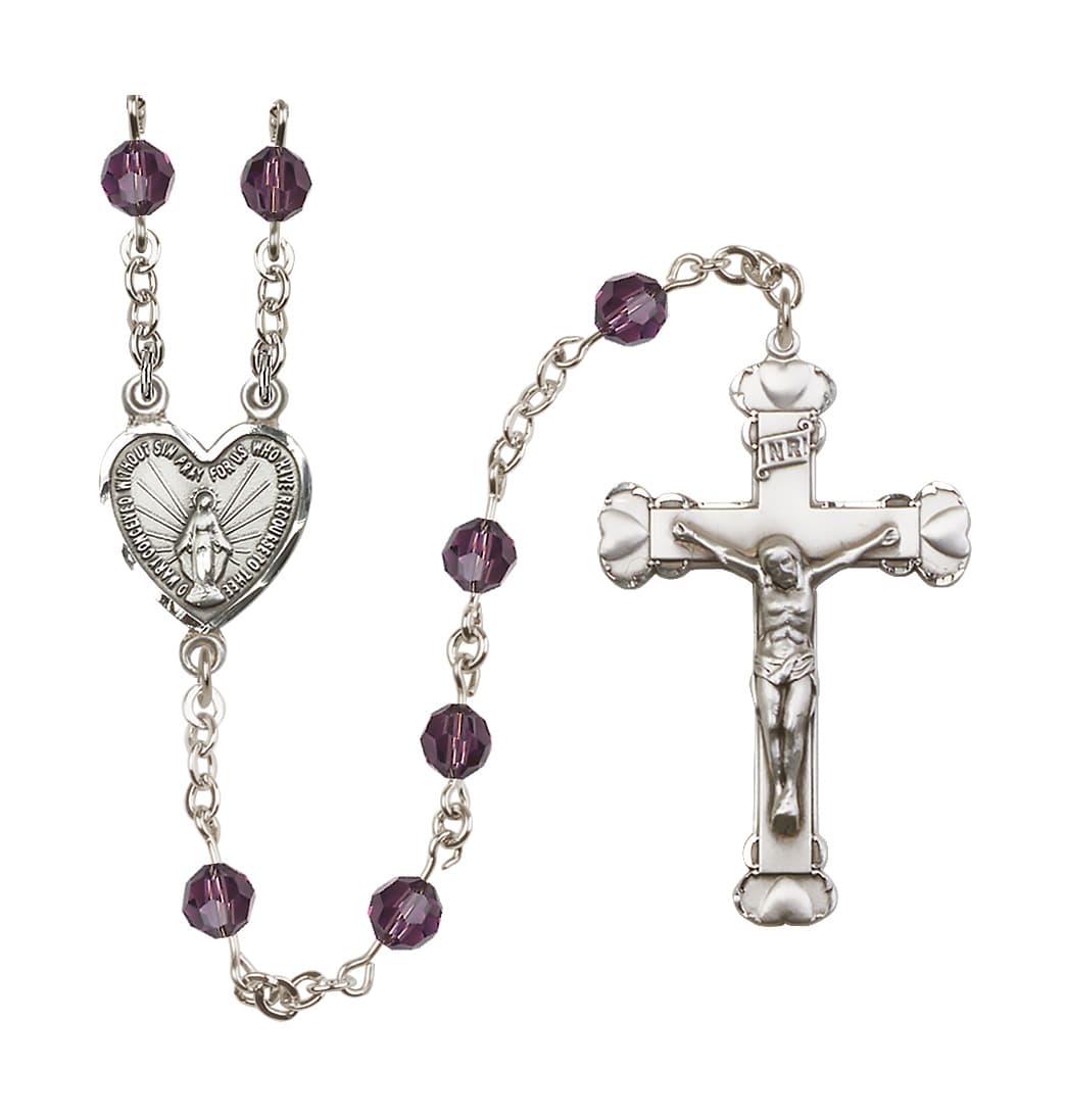 Bliss Handmade Sterling Silver Rosary with Miraculous Heart Centerpiece, Heart Crucifix and Amethyst 6mm Round Austrian Crystal beads.